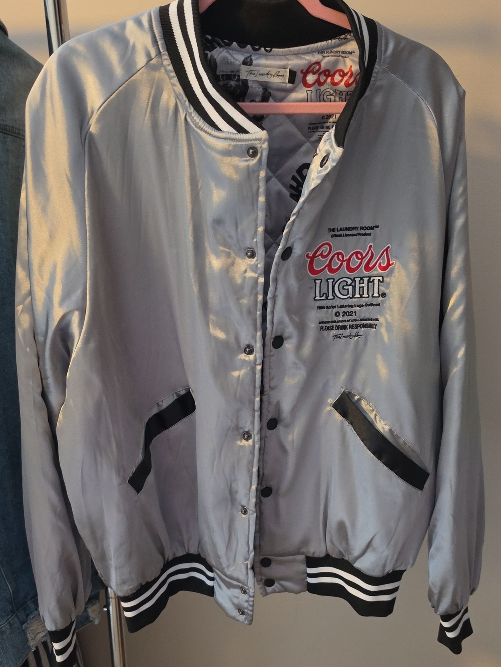 The Laundry Room Silver Coors Light Satin Bomber Jacket with Black Trim
